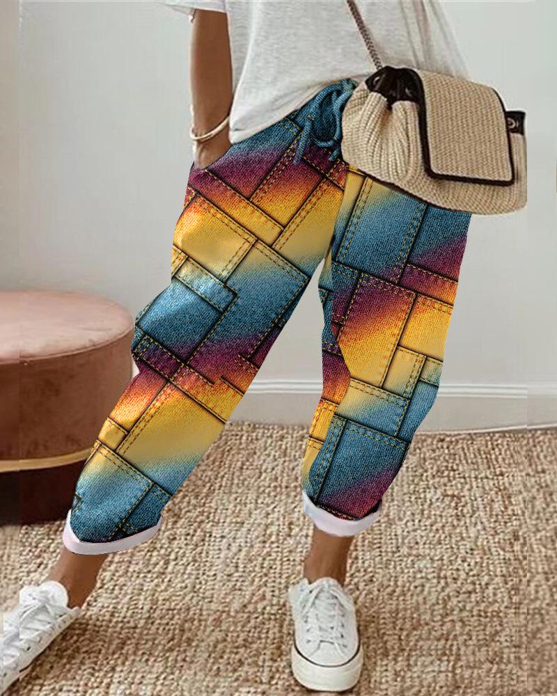 

Rainbow Ombre Denim Look Print Drawstring Pants, Multicolor