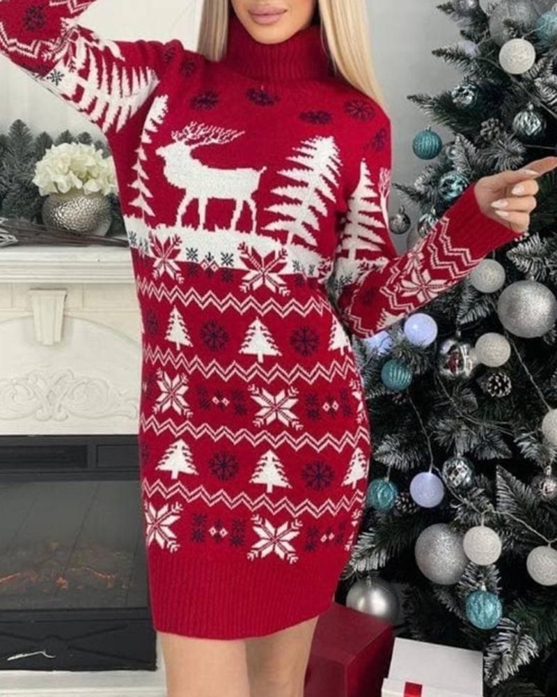 

Christmas Tree Elk Pattern High Neck Sweater Dress, Red