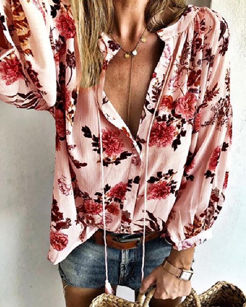 

Floral Print Tassel Design Top, Red
