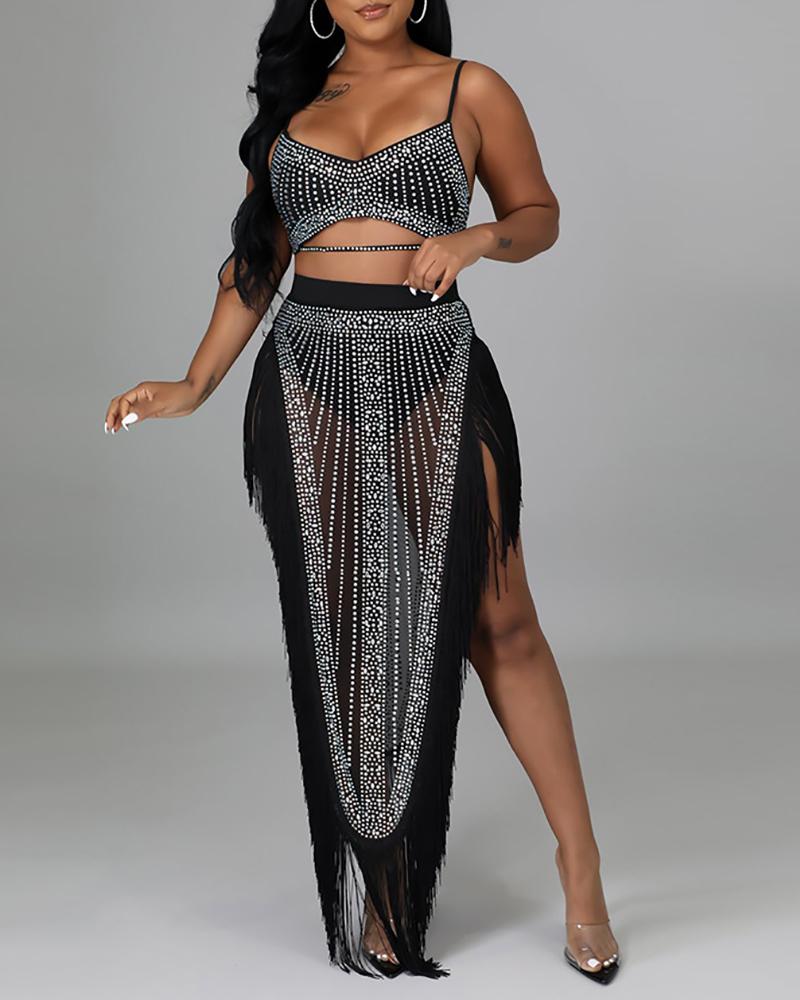 

Rhinestone Sleeveless Crop Top & Tassel Design Sheer Mesh Skirt Set, Black