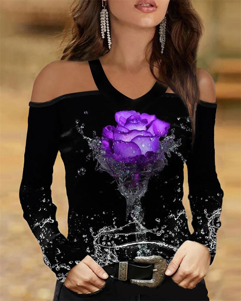 

Floral Print Cold Shoulder Top, Purple