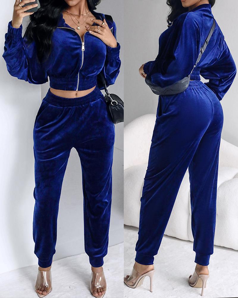 

2 Piece Velvet Lounge Outfits Zip Up Crop Sweatshirt and Cuffed Sweatpants with Pockets, Blue