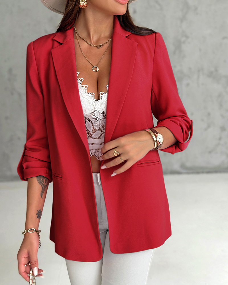 

Notched Collar Roll Up Sleeve Blazer Coat, Red