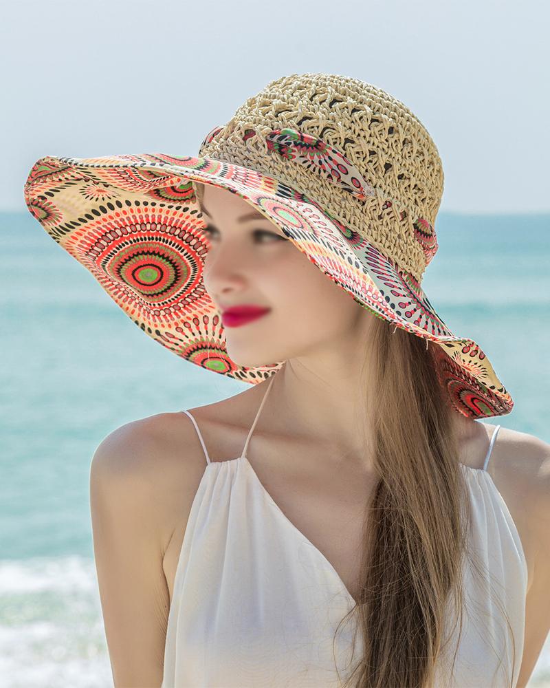 

Tribal Print Bow Decor Straw Hat, Orange