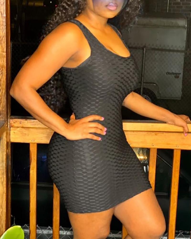 

Bubble Textured U-Neck Thick Strap Bodycon Dress, Black