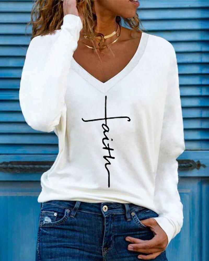 

Letter Print Long Sleeve V-Neck Top, White