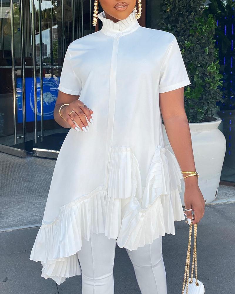 

High Neck Ruffles Ruched Asymmetrical Top, White