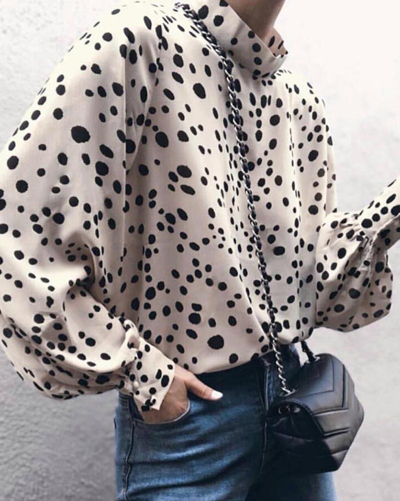 

O-Neck Polka Dot Long Sleeve Tops, Khaki
