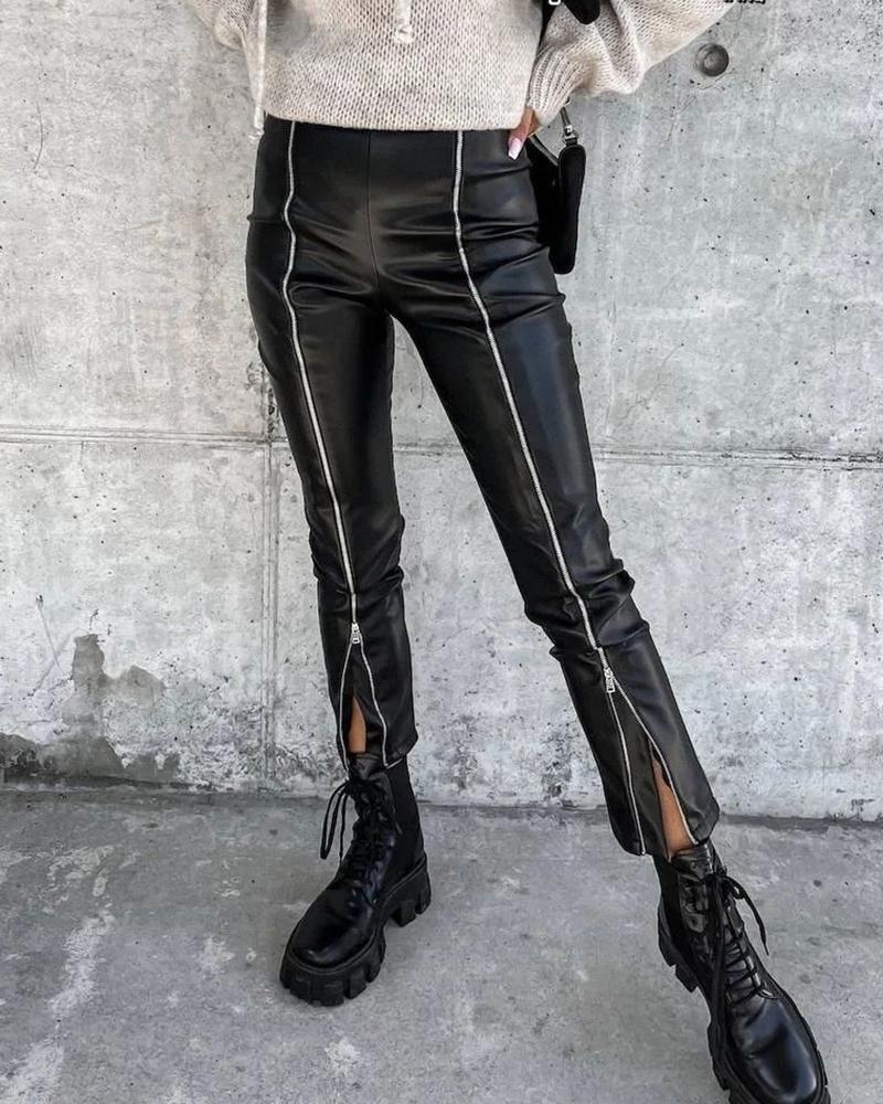 

Zipper Front High Waist PU Leather Pants, Black