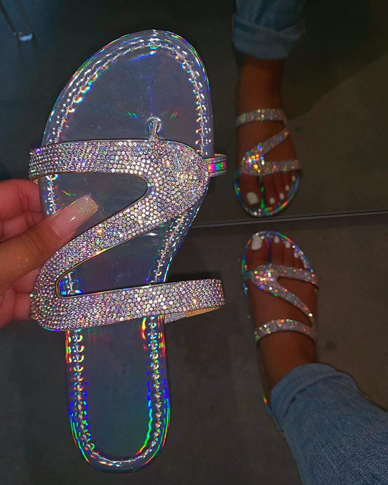 

Rhinestone Decor Toe Post Slippers, Silver