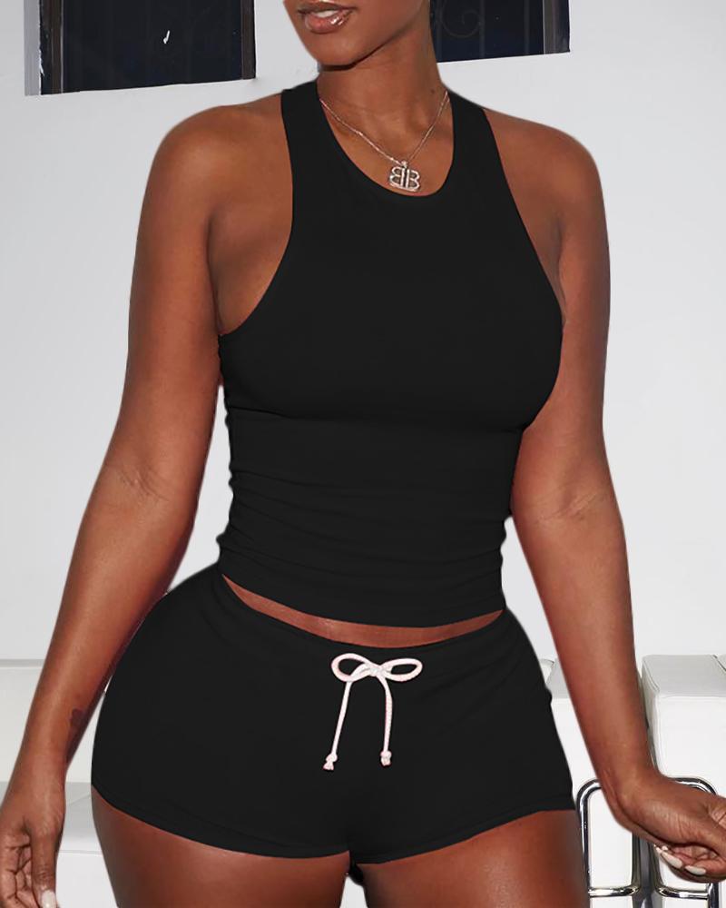 

Sexy Solid Color Sporty Vest Shorts Set, Black