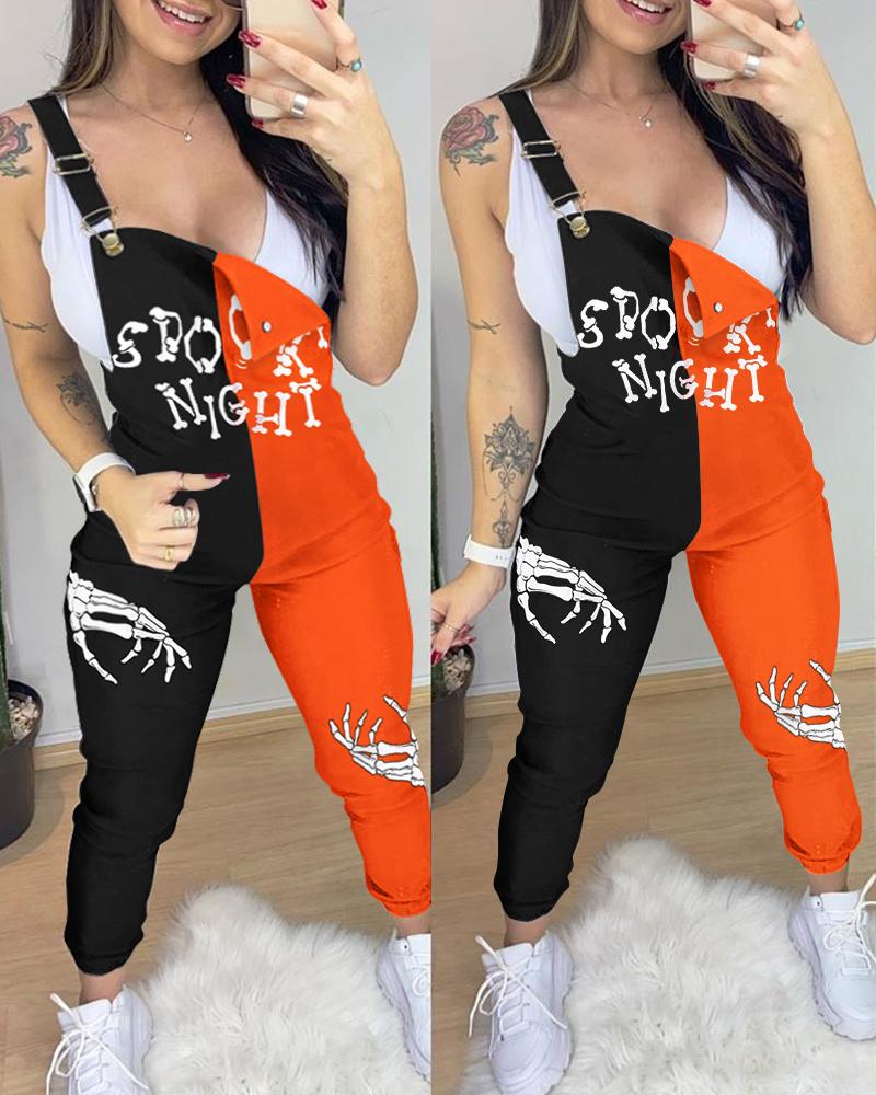 

Halloween Skeleton Print Colorblock Suspender Jumpsuit, Orange