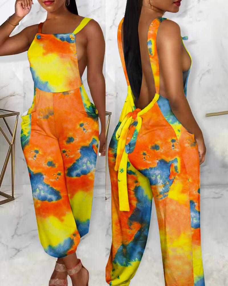 

Tie Dye Print Backless Pocket Detail Suspender Jumpsuit, Multicolor