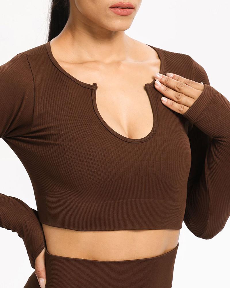 

Ribbed Solid Color Skinny Long Sleeve Sport Crop Top, Coffee