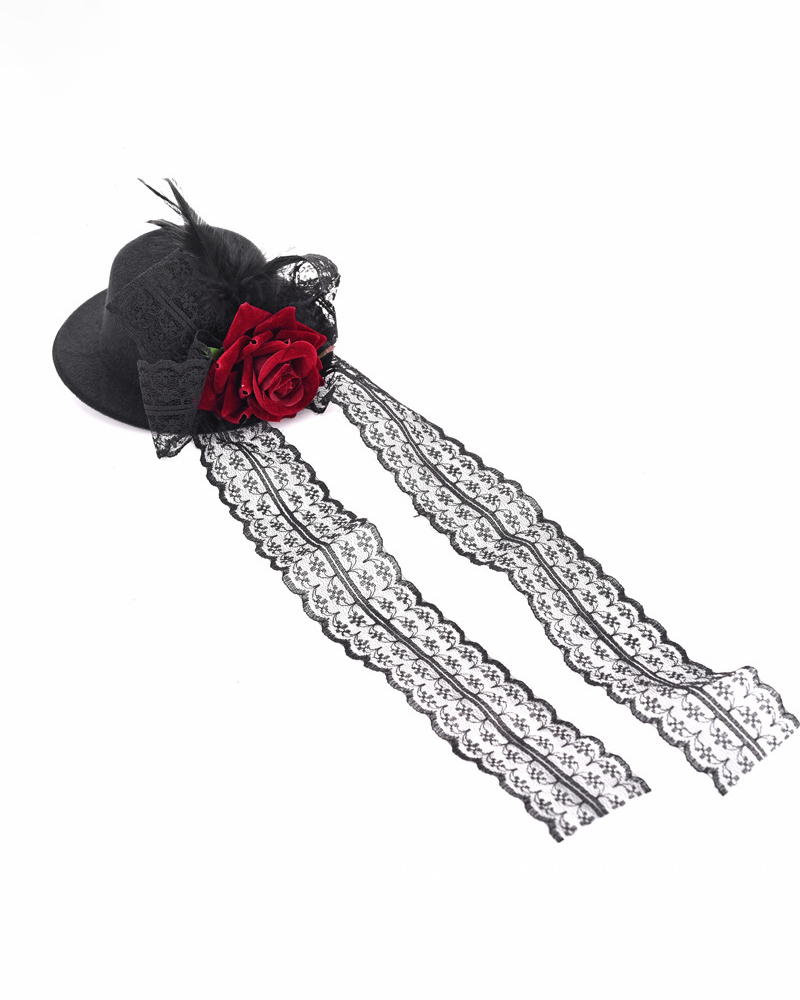 

Angel Lolita Small Topper Gothic Rose Lace Classic Hairpin Small Hat Comic Cast Party Event Hat, Black