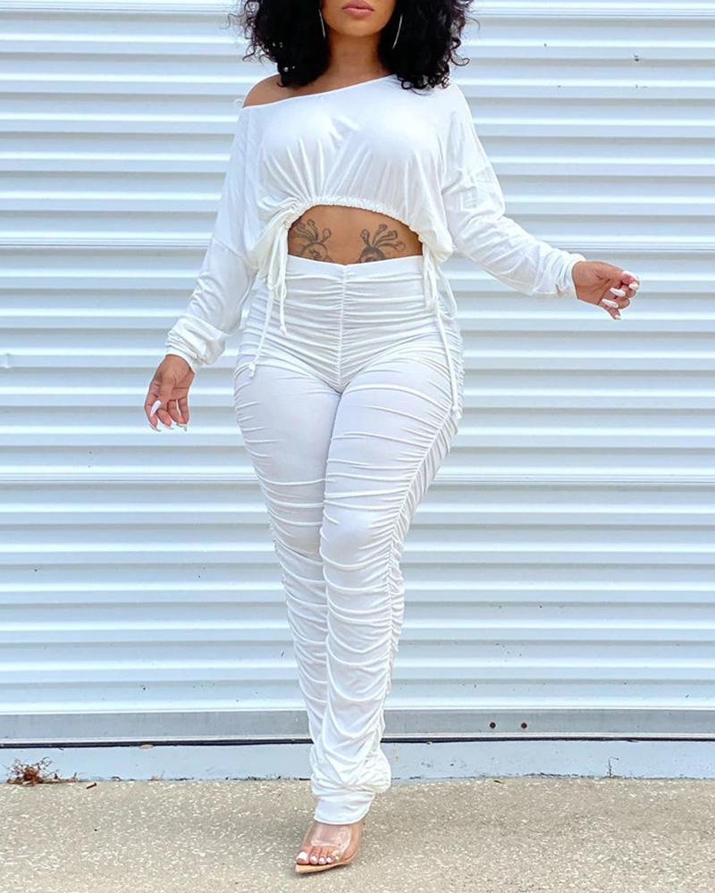 

Drawstring Long Sleeve Top & Ruched Pants Set, White