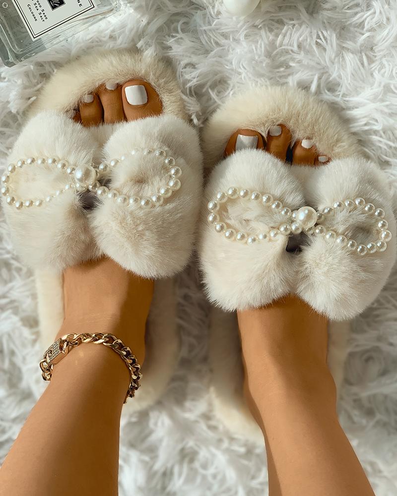 

Beaded Decor Bowknot Pattern Fluffy Slipper, Beige