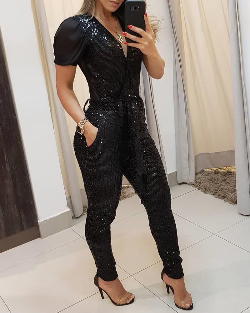 

Sequins Plunge Sheer Mesh Sleeve Jumpsuit, Black
