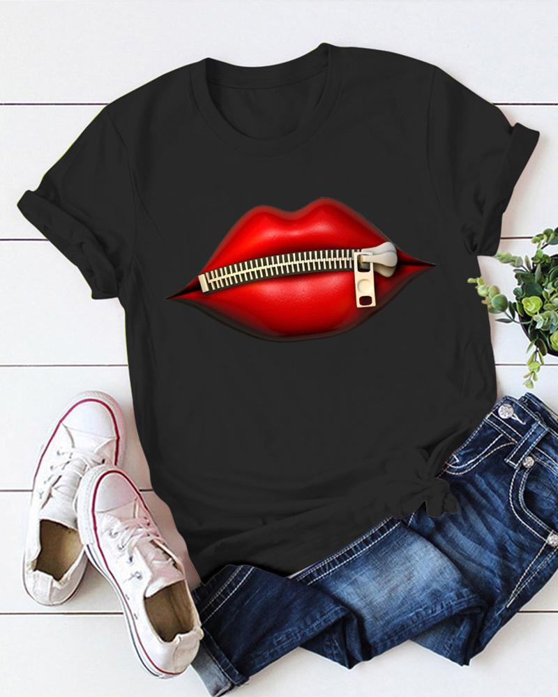 

Zipper Lip Print Short Sleeve T-Shirt, Black