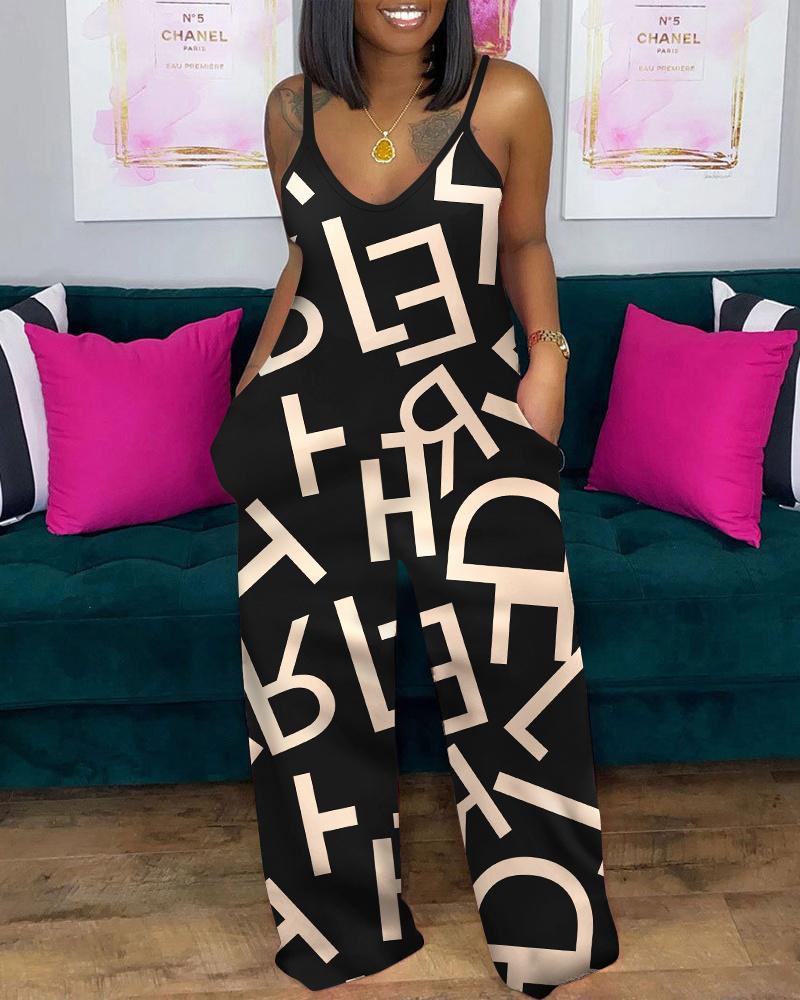 

Plus Size Letter Print Spaghetti Strap Jumpsuit, Black