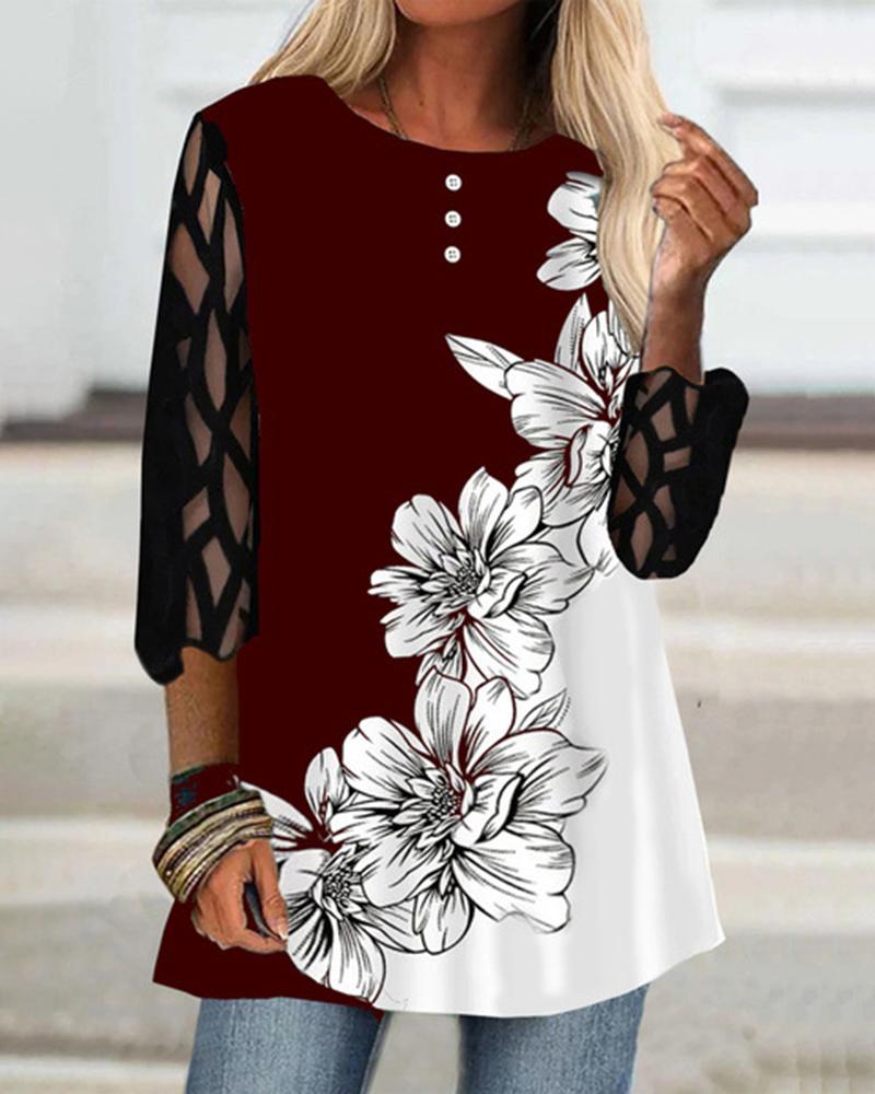 

Floral Print Colorblock Contrast Mesh Top, Red
