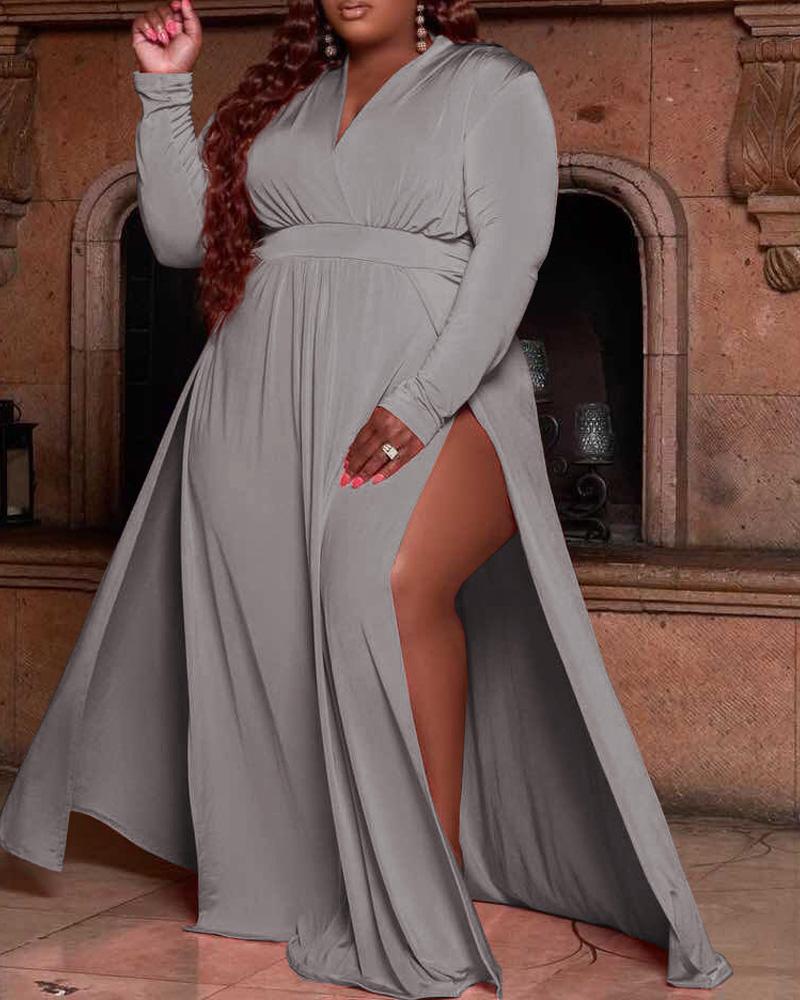 

Plus Size Long Sleeve Split Thigh Maxi Dress, Gray