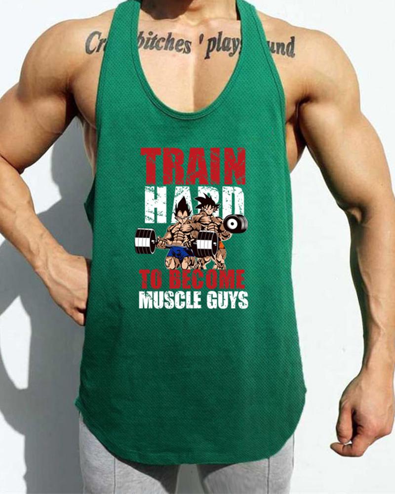 

Cartoon & Letter Print Sleeveless Sport Tank, Green