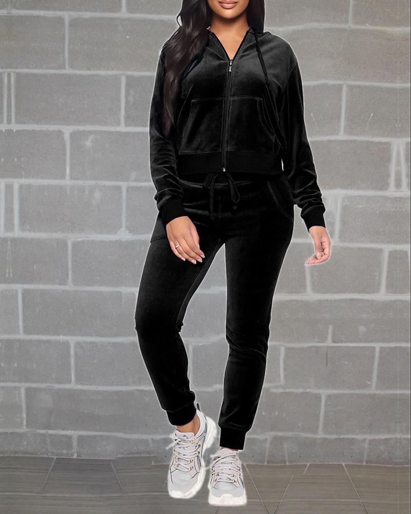 

Pocket Design Long Sleeve Hooded Sweatshirt & Pants Set, Black