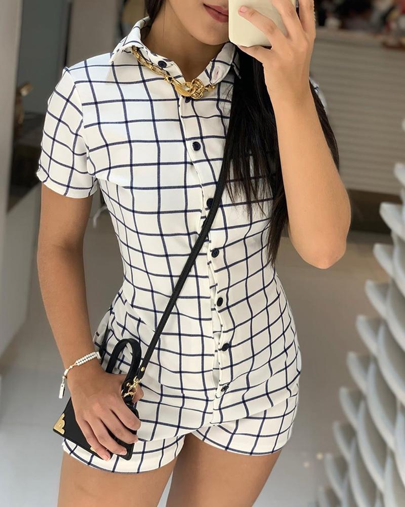 

Buttoned Grid Short Sleeve Casual Romper, White