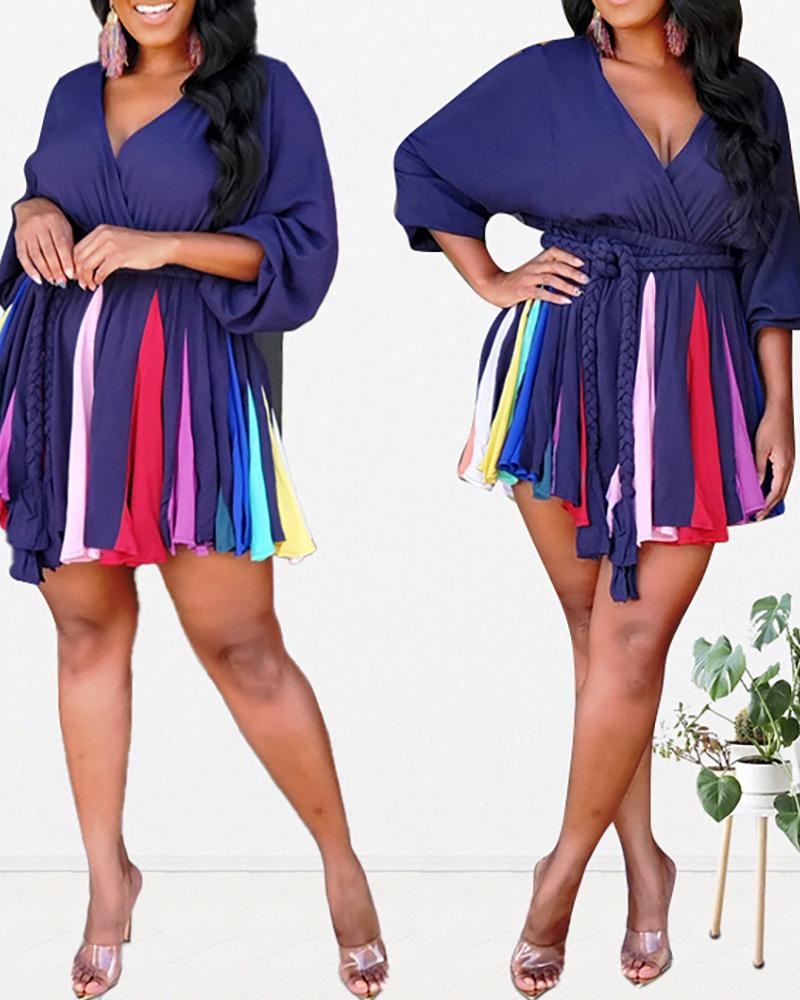 

Colorblock Surplice Neck Long Sleeve Dress, Blue