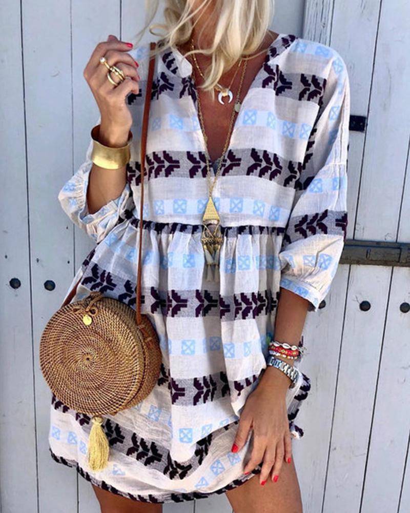 

Ethnic Print V Neck Dress, White
