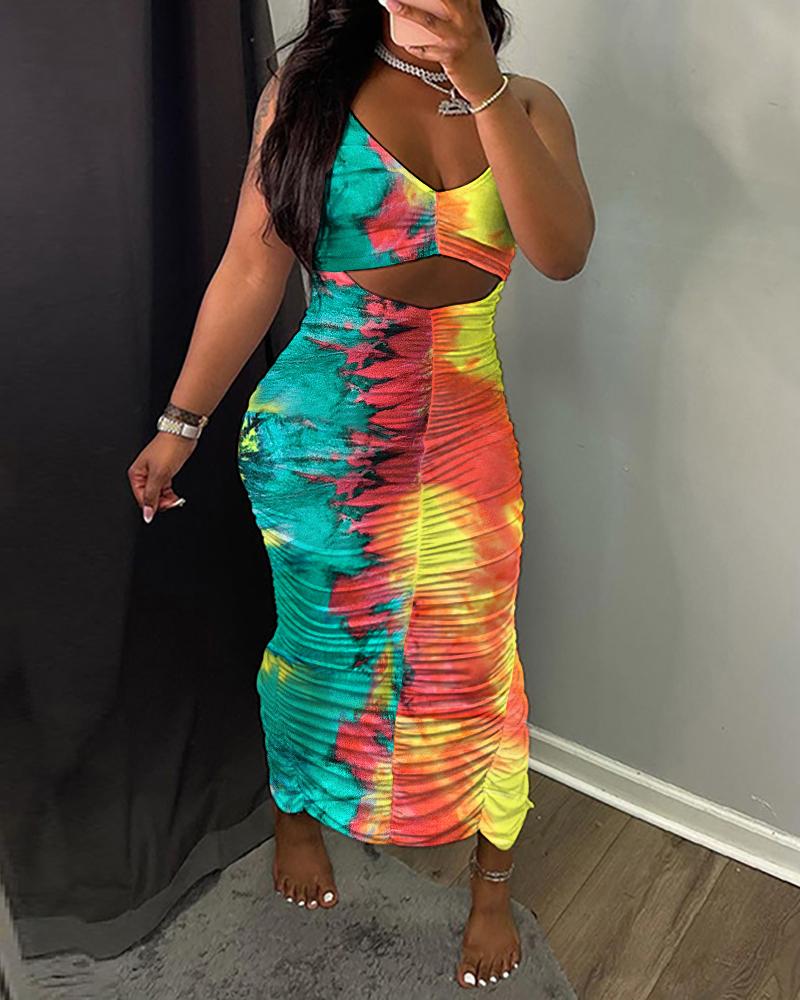 

Strap Tie Dyed Cutout Ruched Slit Maxi Dress, Multicolor
