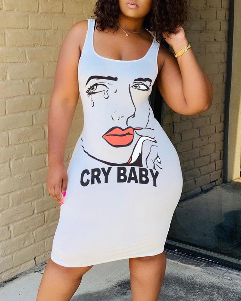 

Figure Letter Print Sleeveless Bodycon Dress, White