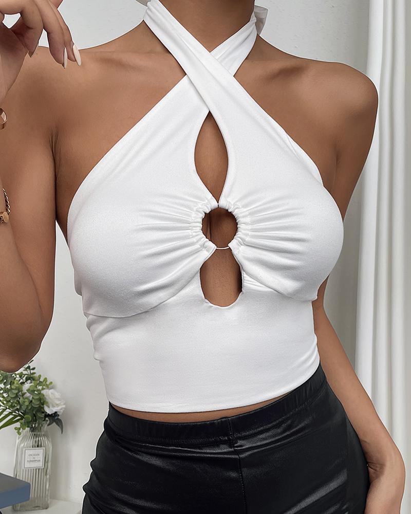 

O-Ring Halter Cutout Crop Top, White