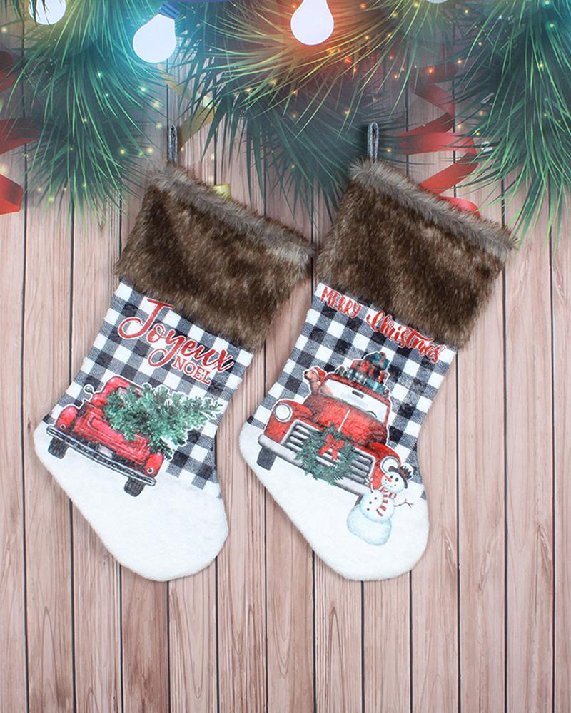 

Christmas Car Plaid Letter Print Fluffy Trim Stockings Hanging Ornaments, Style1