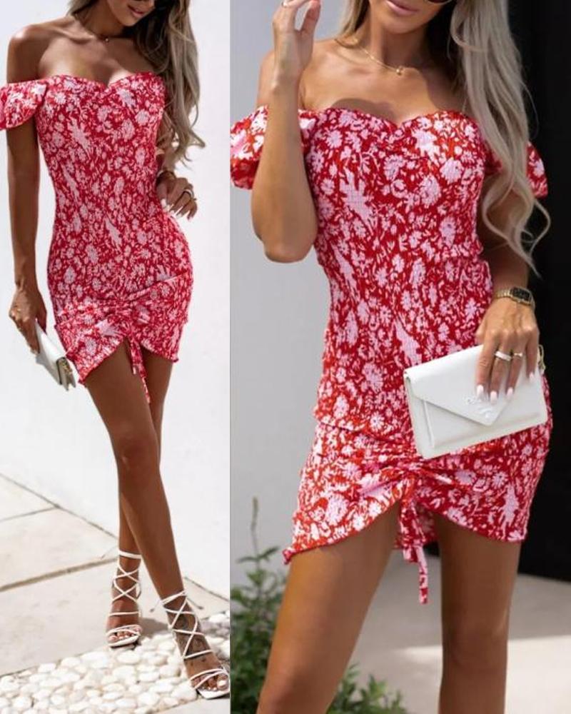 

Off Shoulder Drawstring Shirred Floral Print Dress, Red
