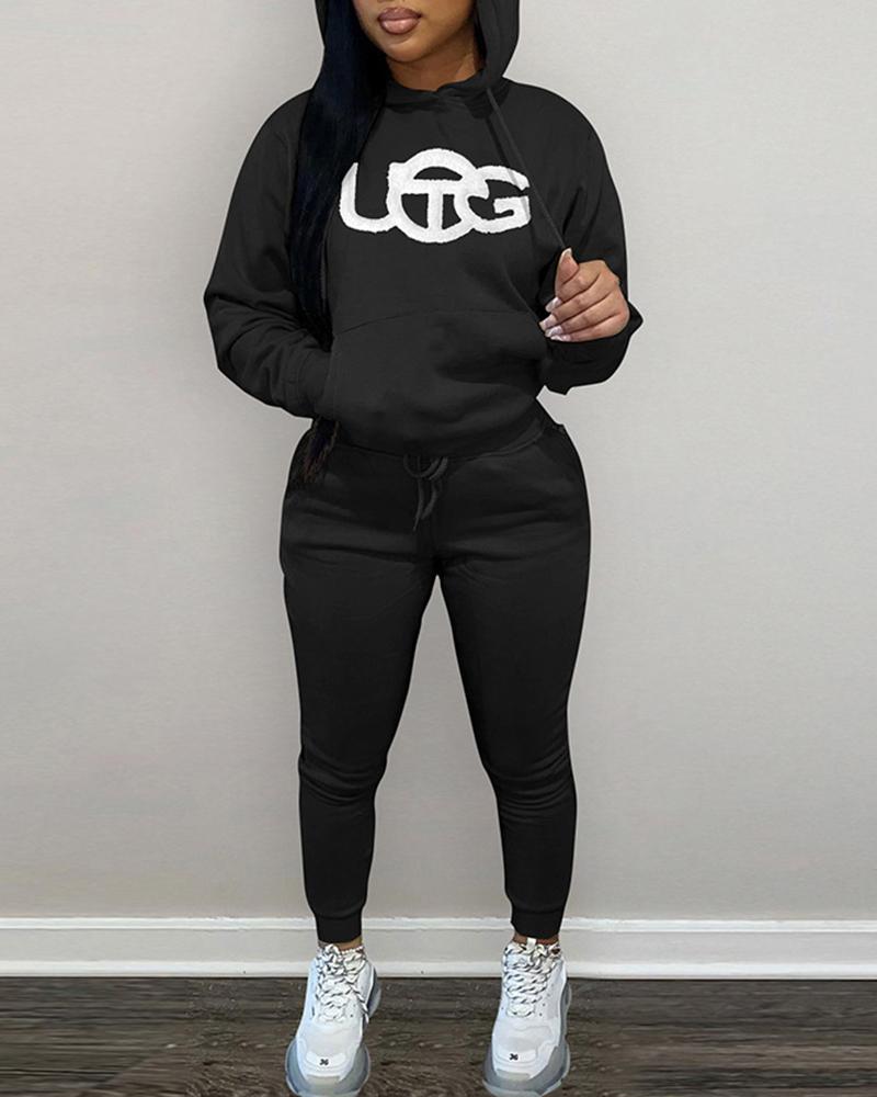 

Letter Print Hooded Sweatshirt & Drawstring Pants Set, Black