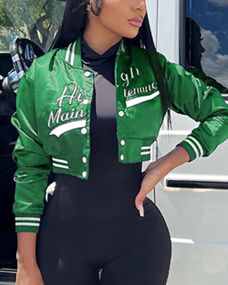 

Letter Embroidery Contrast Paneled Bomber Jacket, Green