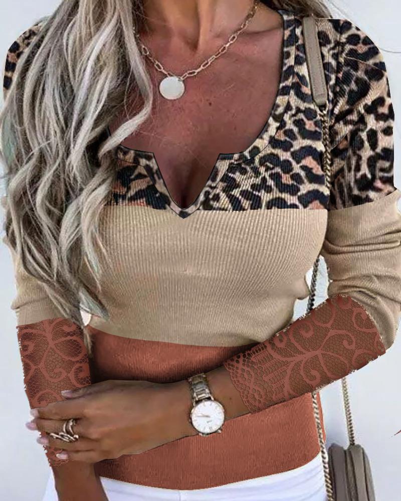 

Contrast Lace Leopard Print Colorblock Ribbed Top