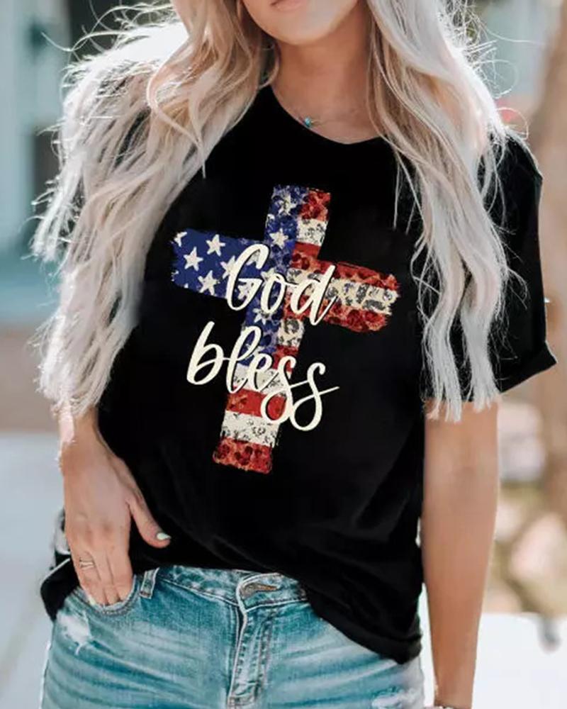 

Independence Day God Bless American Flag Cross Print T-Shirt, Black
