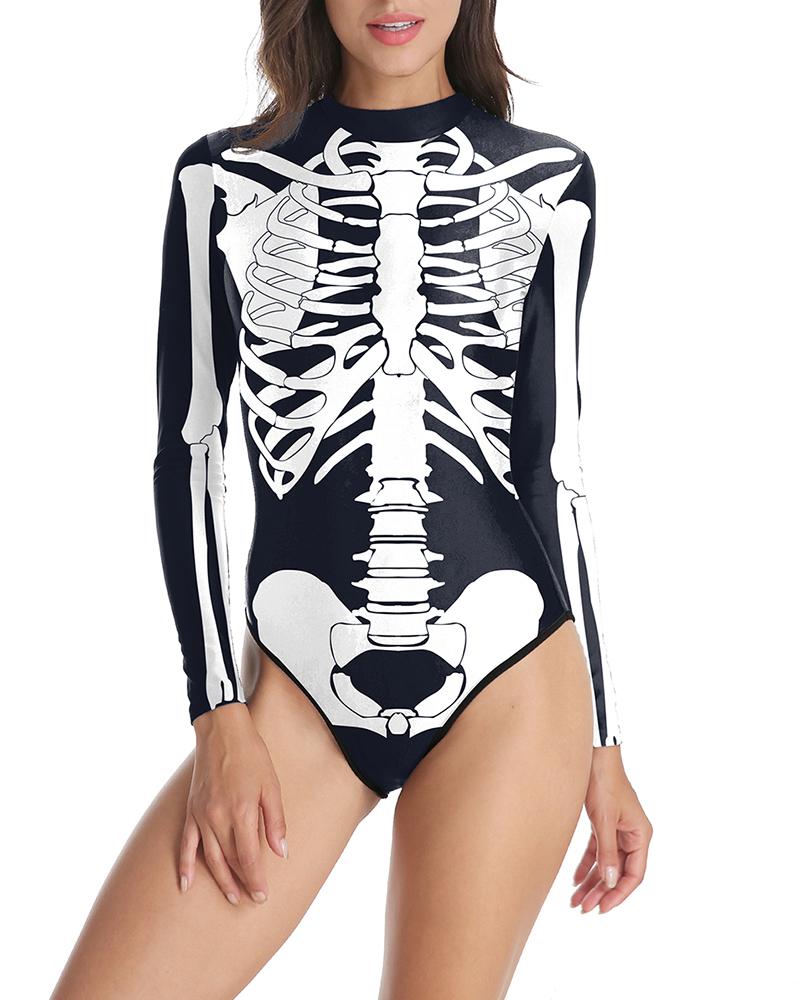 

Halloween 3D Skeleton Print Long Sleeve Bodysuit, Black