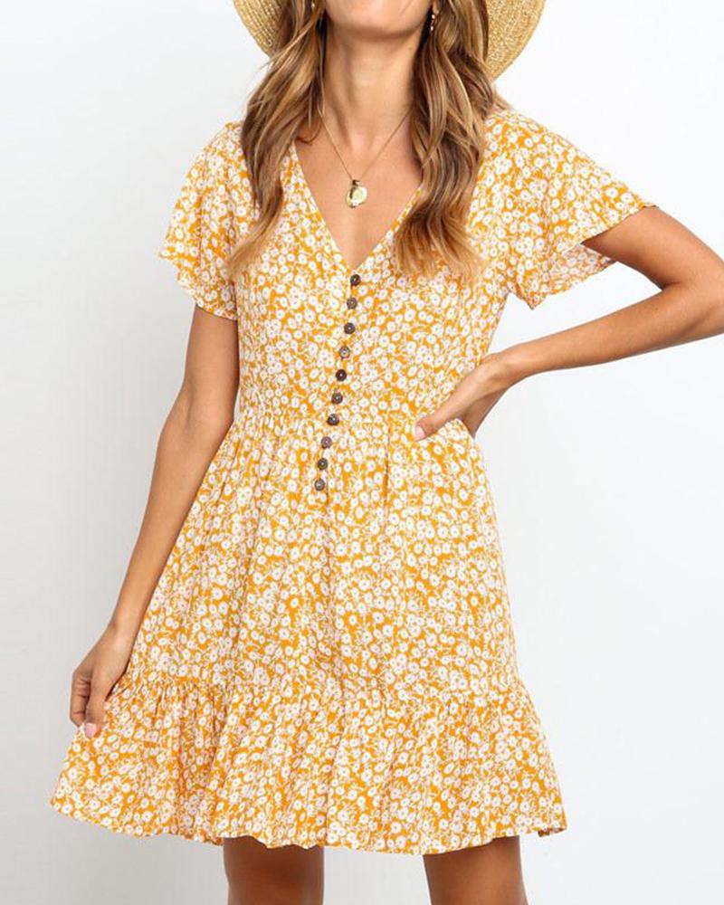 

Floral V-Neck Button Detail Dress, Orange