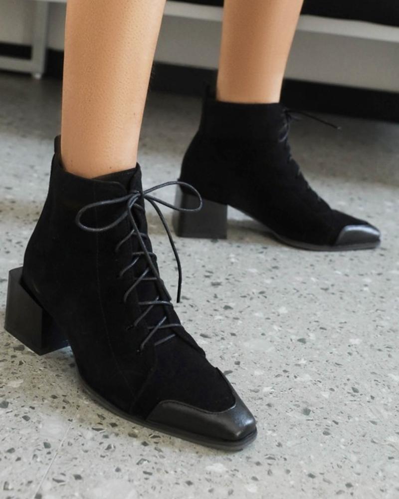 

Square-toe Lace-up Color Block Biker Boots, Black