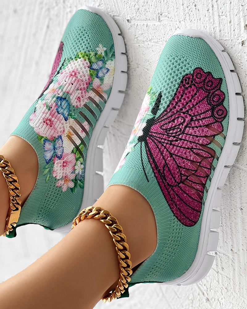 

Floral Butterfly Print Breathable Slip-On Sneakers, Green