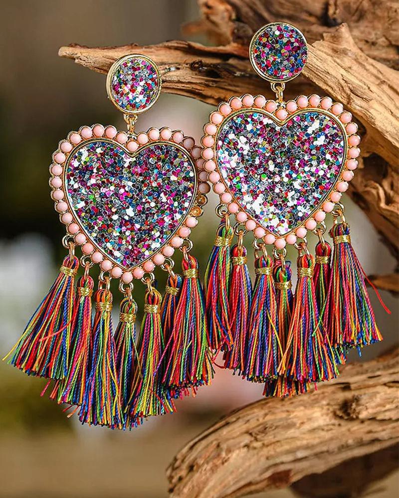 

1Pair Valentine's Day Beaded Tassel Design Heart Shaped Drop Earrings, Multicolor