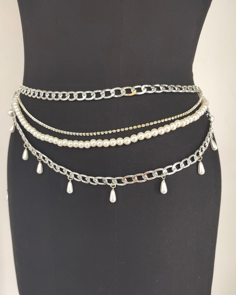 

Beaded Decor Layered Waist Chian, Silver