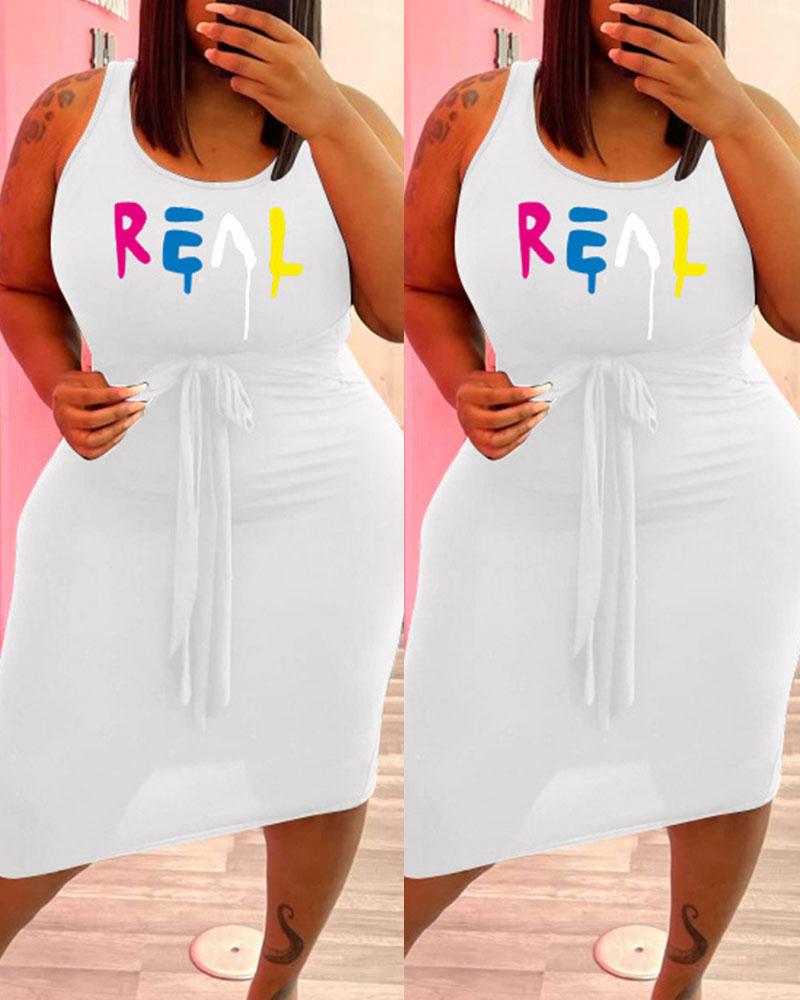 

Plus Size Letter Print Tied Detail Casual Tank Dress, White