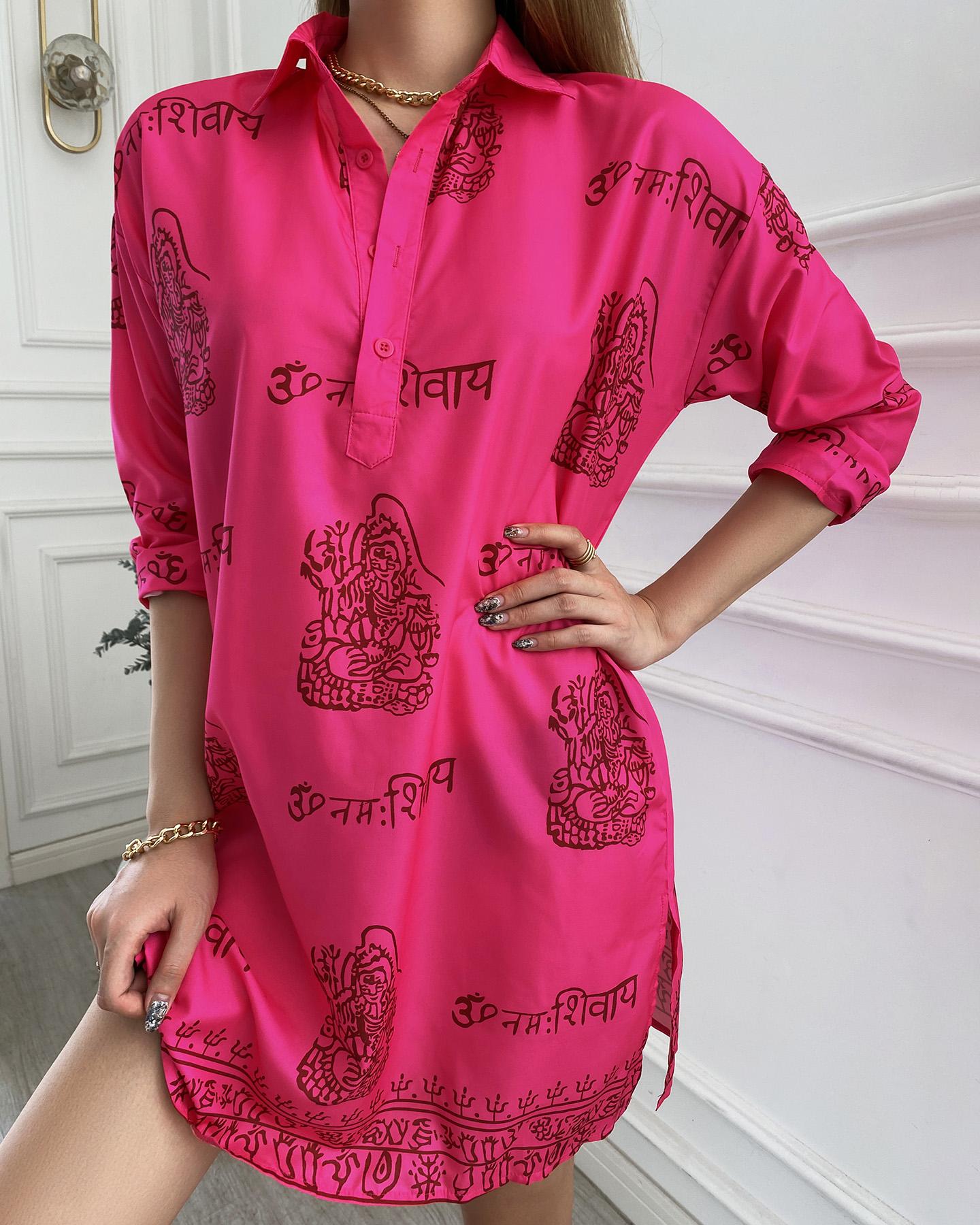 

All Over Print Long Sleeve Slit Shirt Dress, Pink