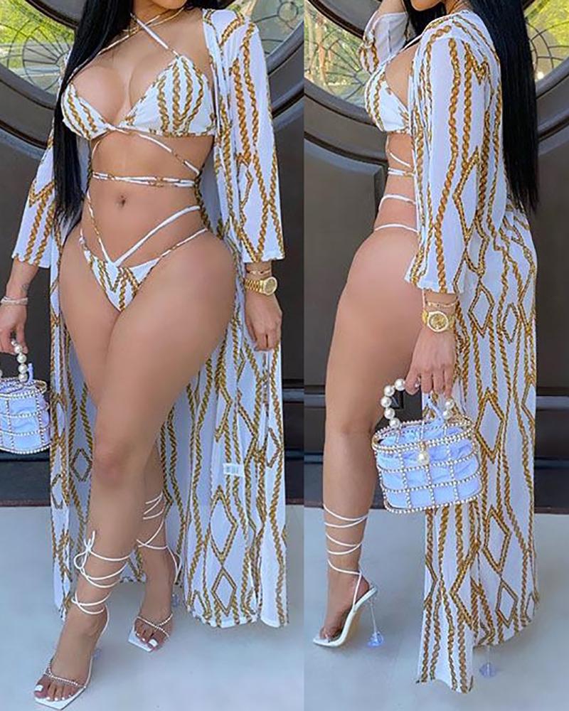 3PCS Chain Print Tied Detail Cutout Bikini Set With Cover Up