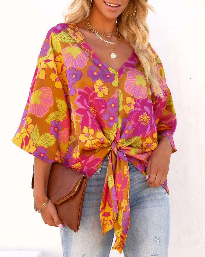

Floral Print Tied Detail Bell Sleeve Top, Multicolor